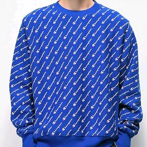 Men's Champion Blue All Over Logo Reverse Weave Sweatshirt M
